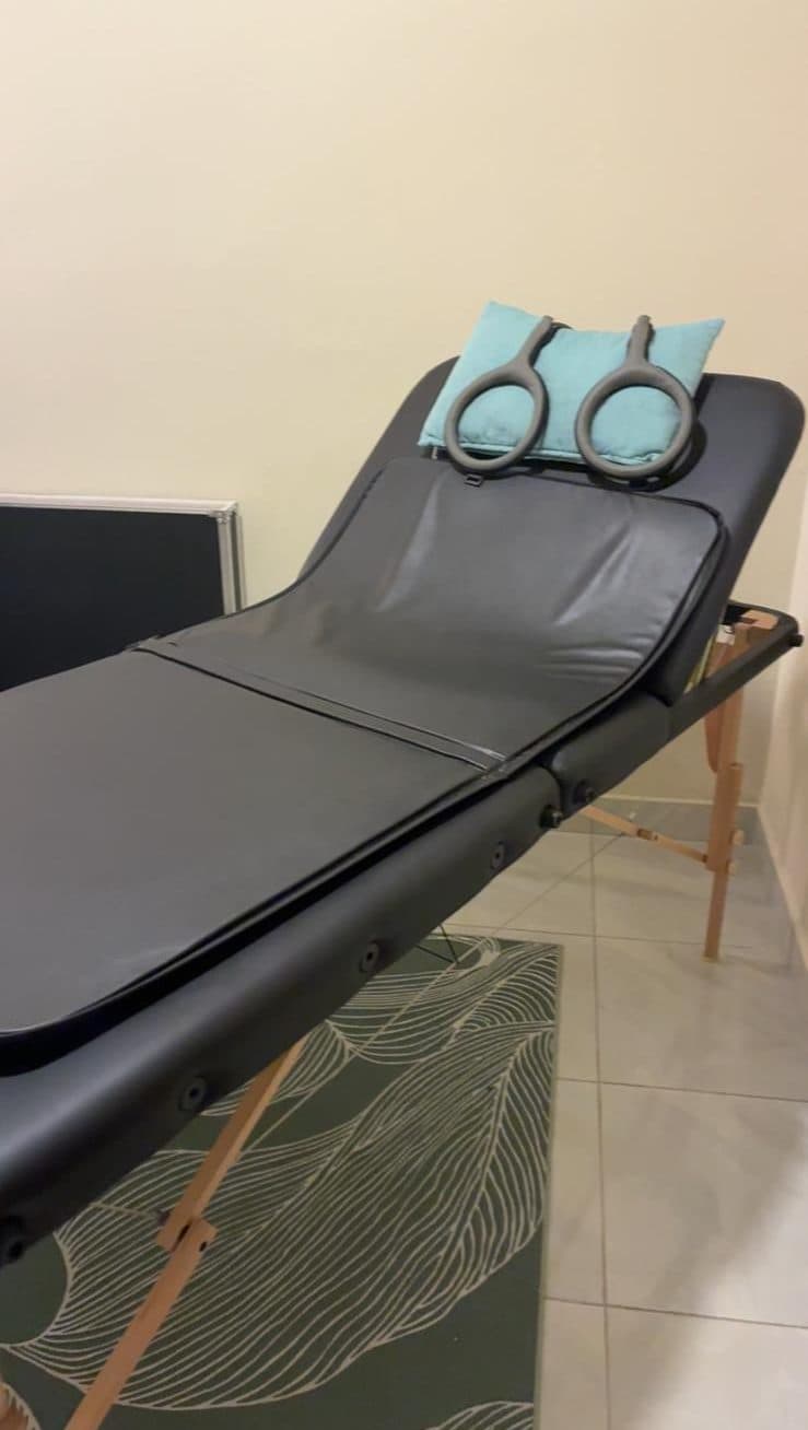 Whealth's PEMF setup on a treatment bed, with a pillow and two grey loops at the head end.