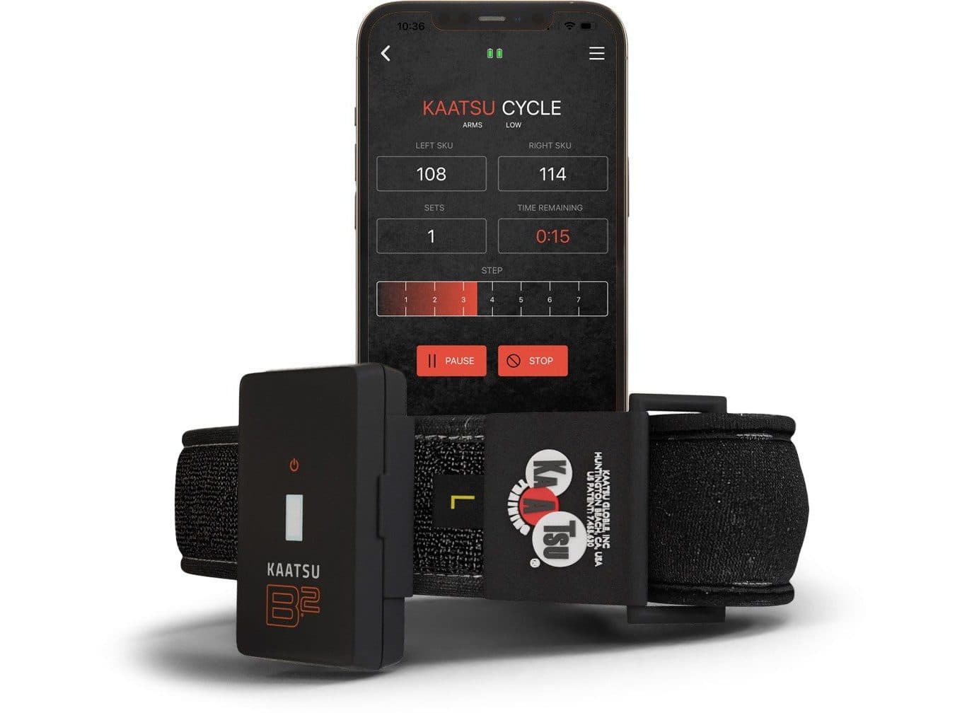 A KAATSU controller strapped into a pressure band, with the KAATSU app open on a phone.