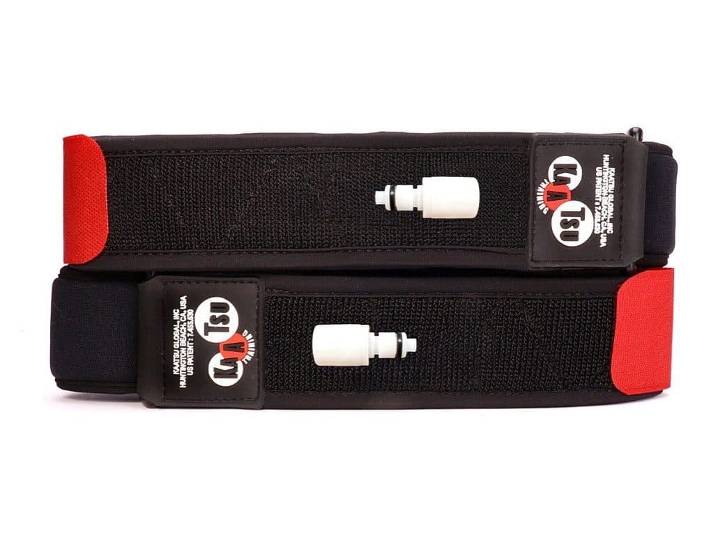 Two KAATSU pressure bands, each with an air fitting, stacked together.