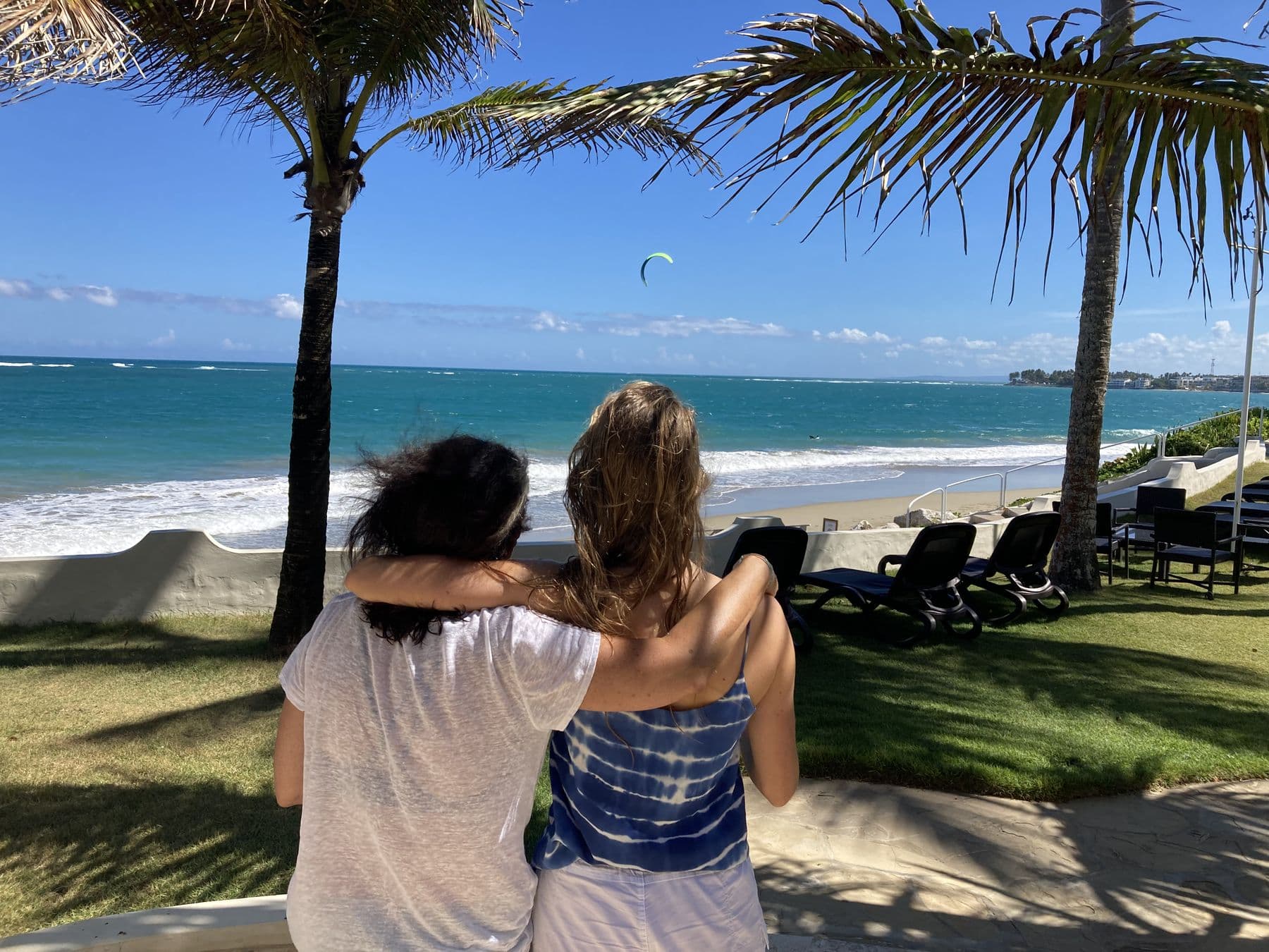 Two friends with their arms around each other, seen from behind, looking out at the sea from beneath palm trees.